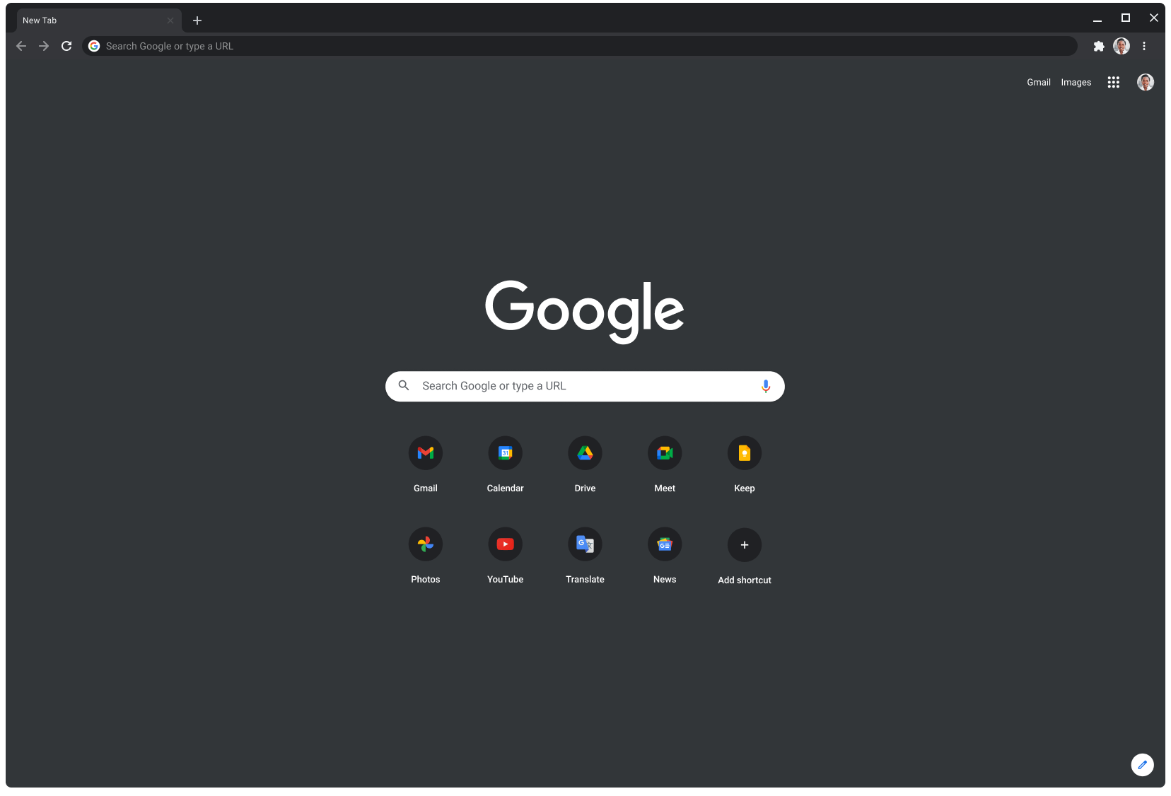 採用深色模式的 Chrome 瀏覽器視窗中顯示 Google.com 網頁。