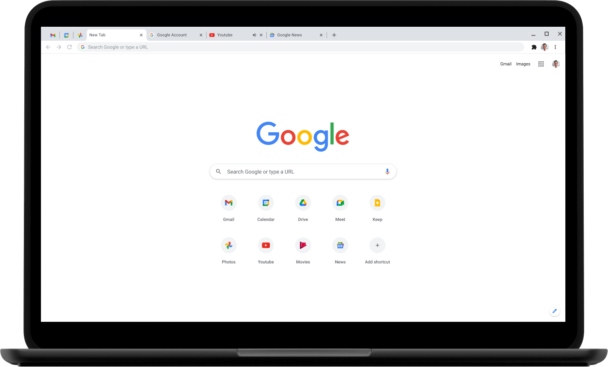 Top-left corner of a Pixelbook laptop with screen displaying Google.com.