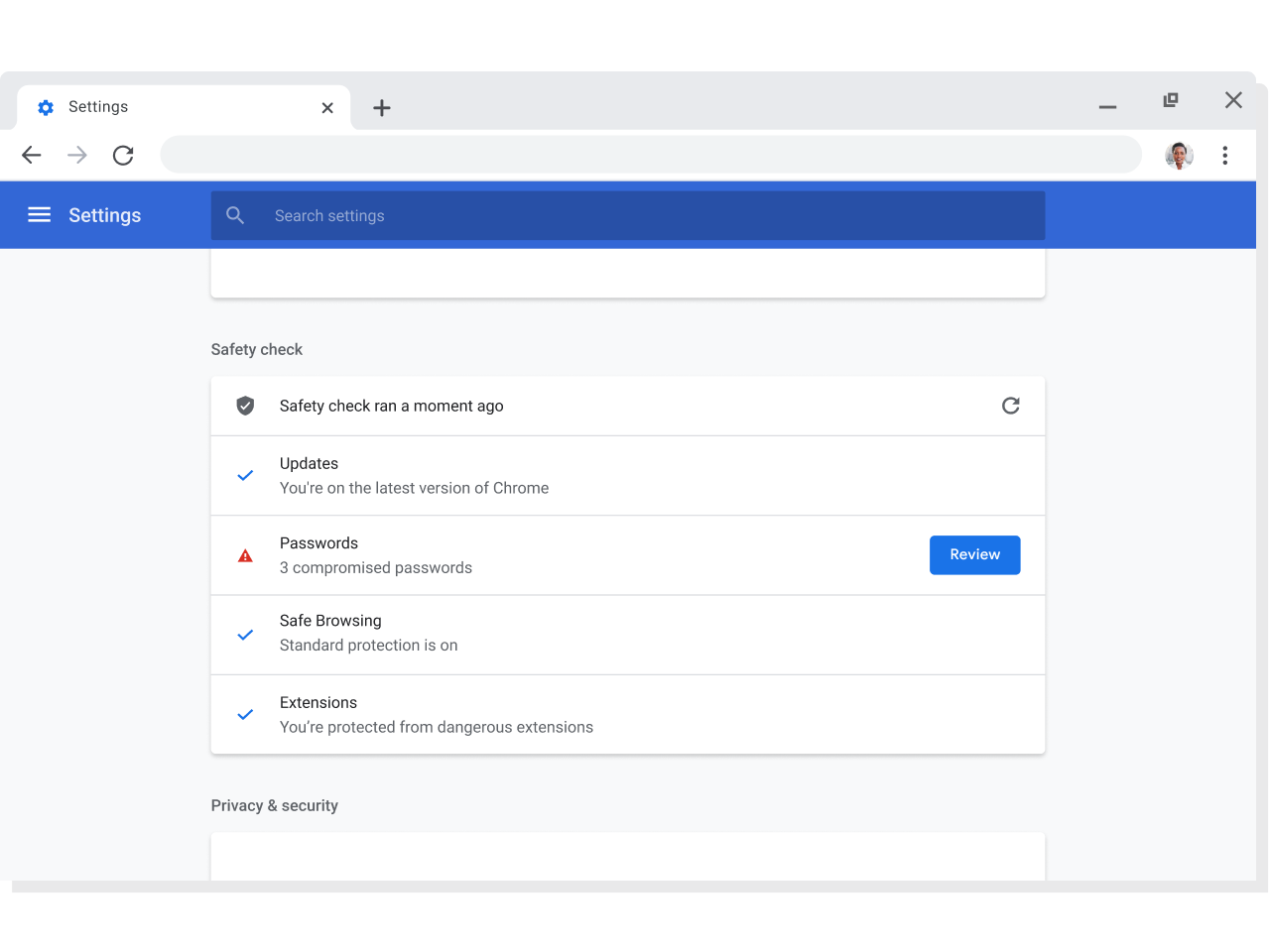 Chrome 瀏覽器視窗中顯示帳戶及 Google 帳戶的同步處理設定,且同步處理功能已啟用。