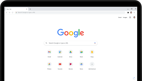 Pixelbook Go 筆記型電腦的左上角，螢幕上顯示 Google.com 搜尋列及常用應用程式。