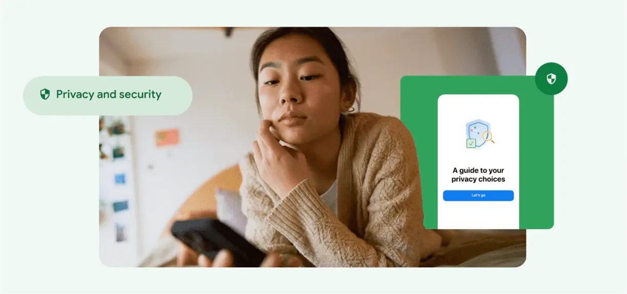 A woman touches her face and looks at her phone.