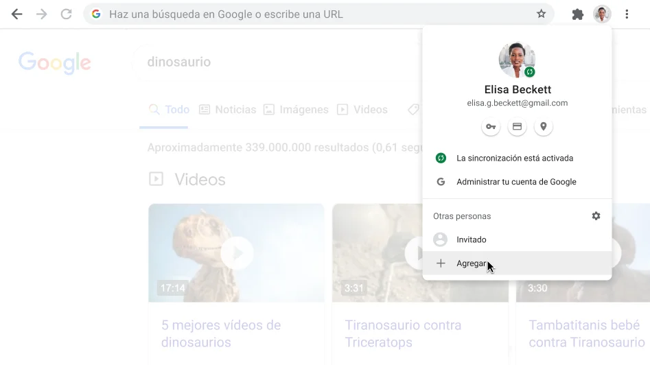 Ventana del navegador Chrome con el cuadro de diálogo Perfil abierto.