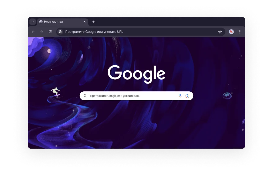 Апстрактан Chrome кориснички интерфејс окружен je иконама које представљају категорије додатака за прегледач. Иконе представљају категорије Куповина, Забава, Алатке, Уметност и дизајн и Приступачност.