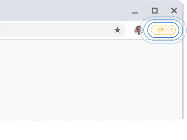 Chrome 瀏覽器視窗的右上角突顯了「更新」提示。