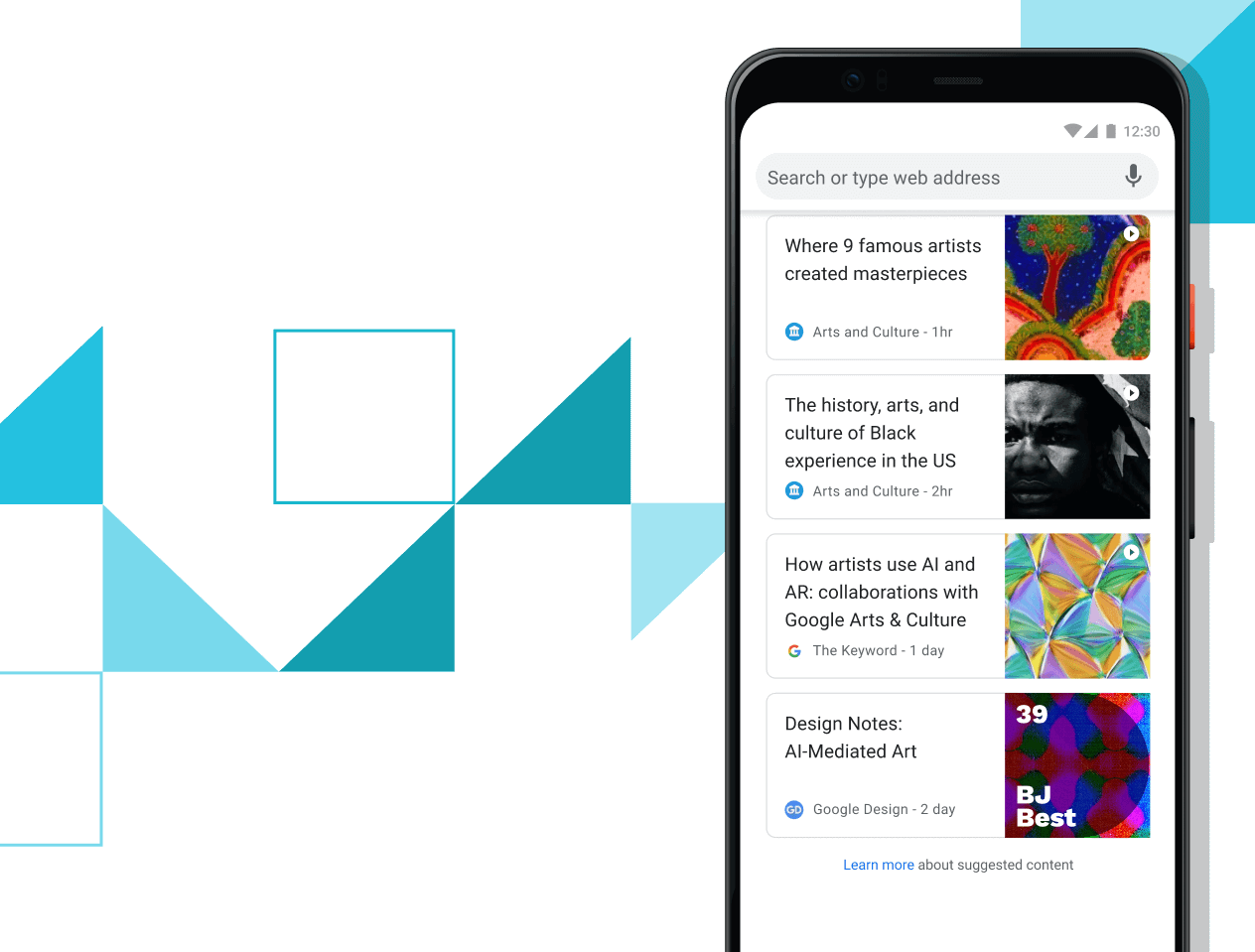 為你推薦的文章 Pixel 4 XL 手機的螢幕上顯示精選文章連結。