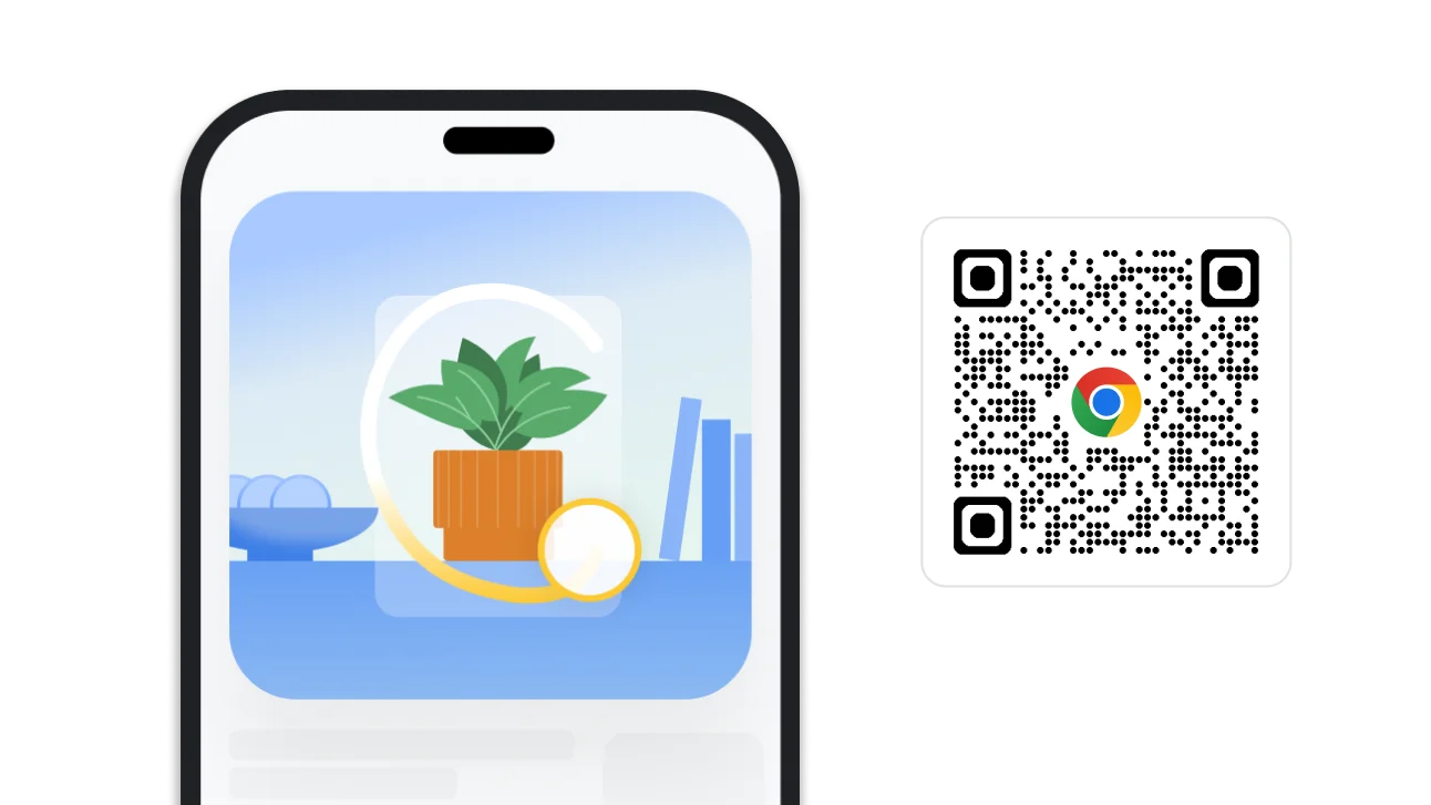 圖片顯示如何在 Chrome 中繪圖搜尋。掃描圖片旁的 QR code 就能下載 Chrome。